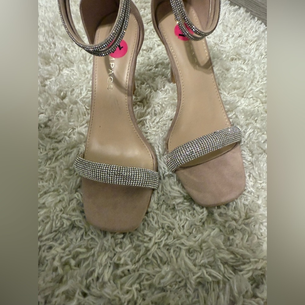 Rampage Nude Heels with Rhinestone Straps